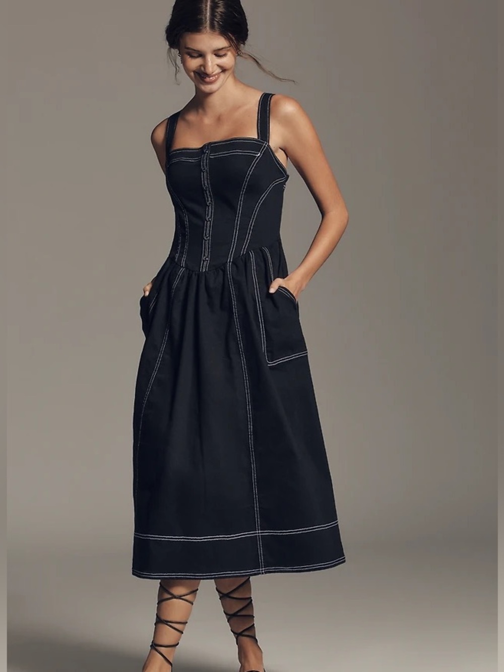 Anthropologie Pilcro Square Neck Bustier Denim Midi Dress in Onyx Black Size M